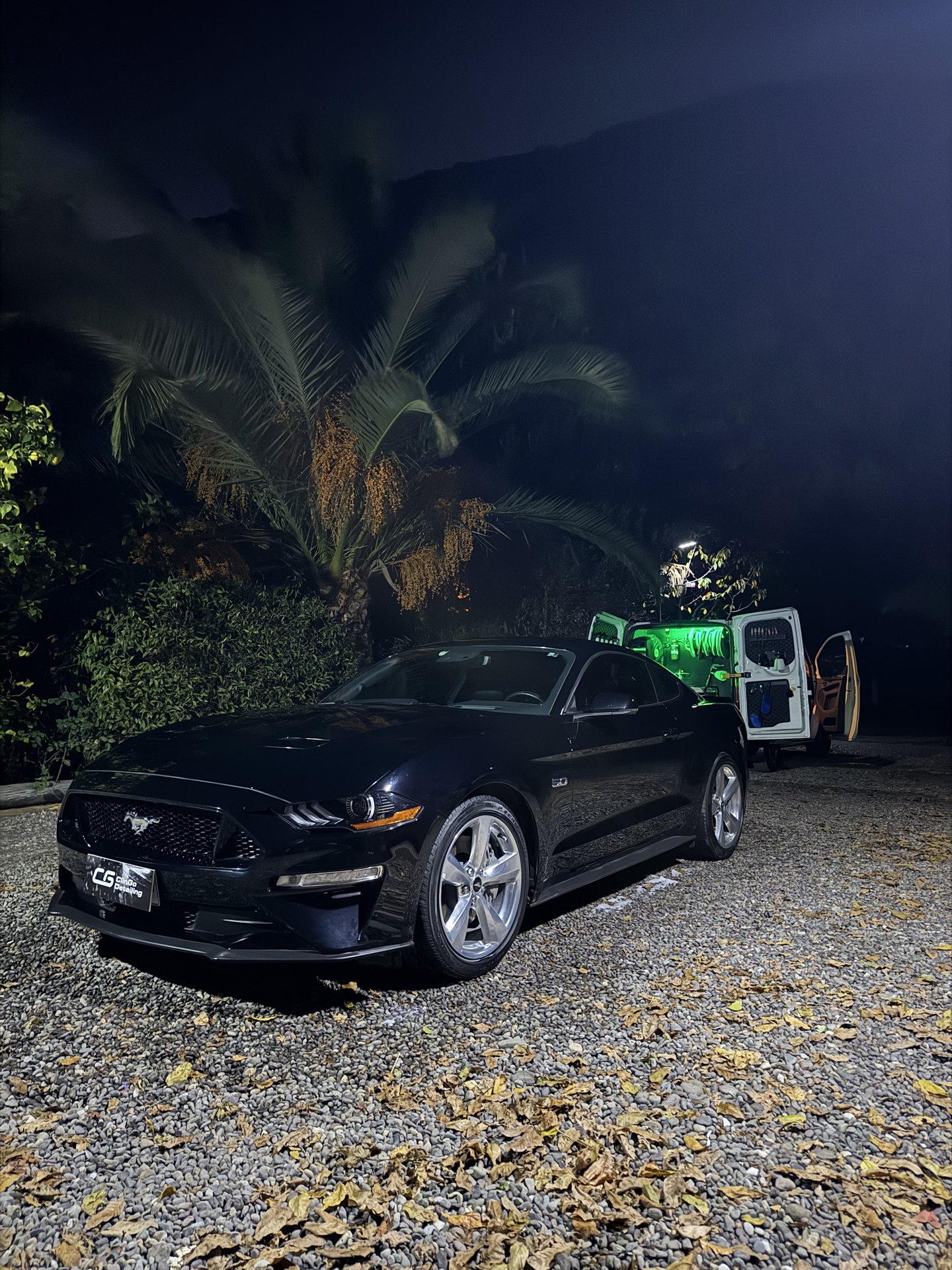 Auto negro brillante con reflejos verdes en asfalto mojado